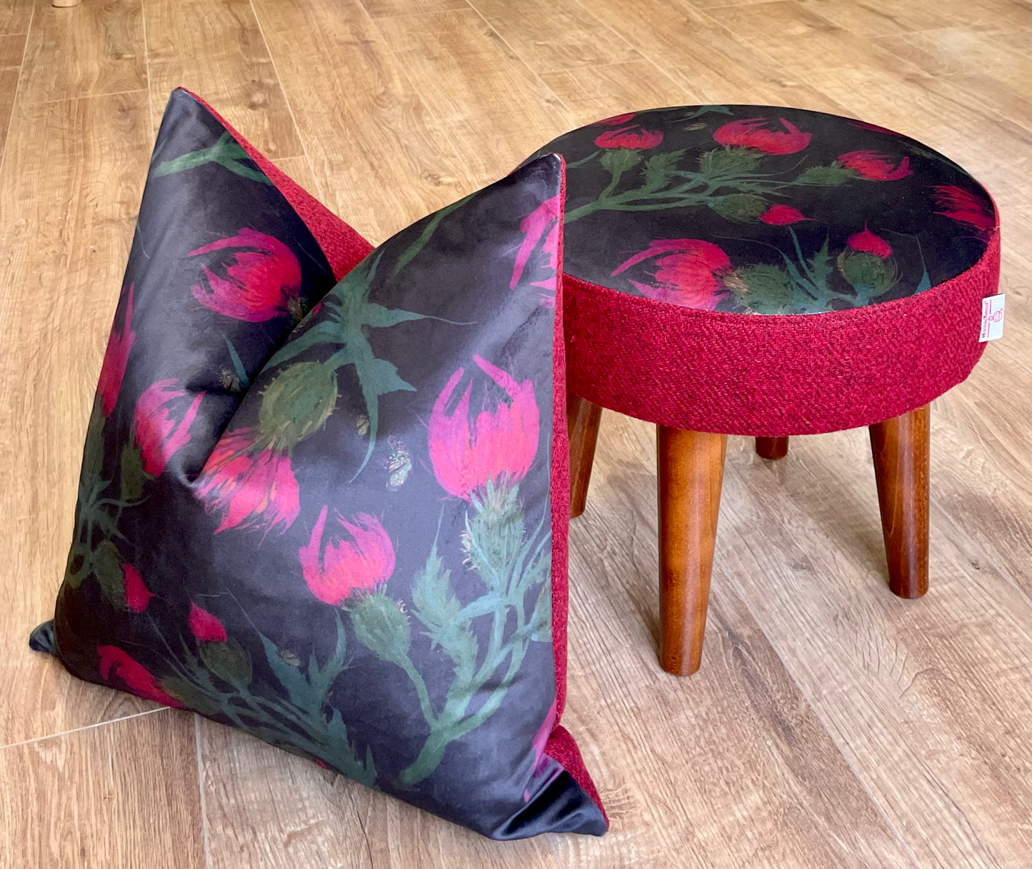 Butterfly Thistles on Black Velvet and Red Harris Tweed Small Footstool
