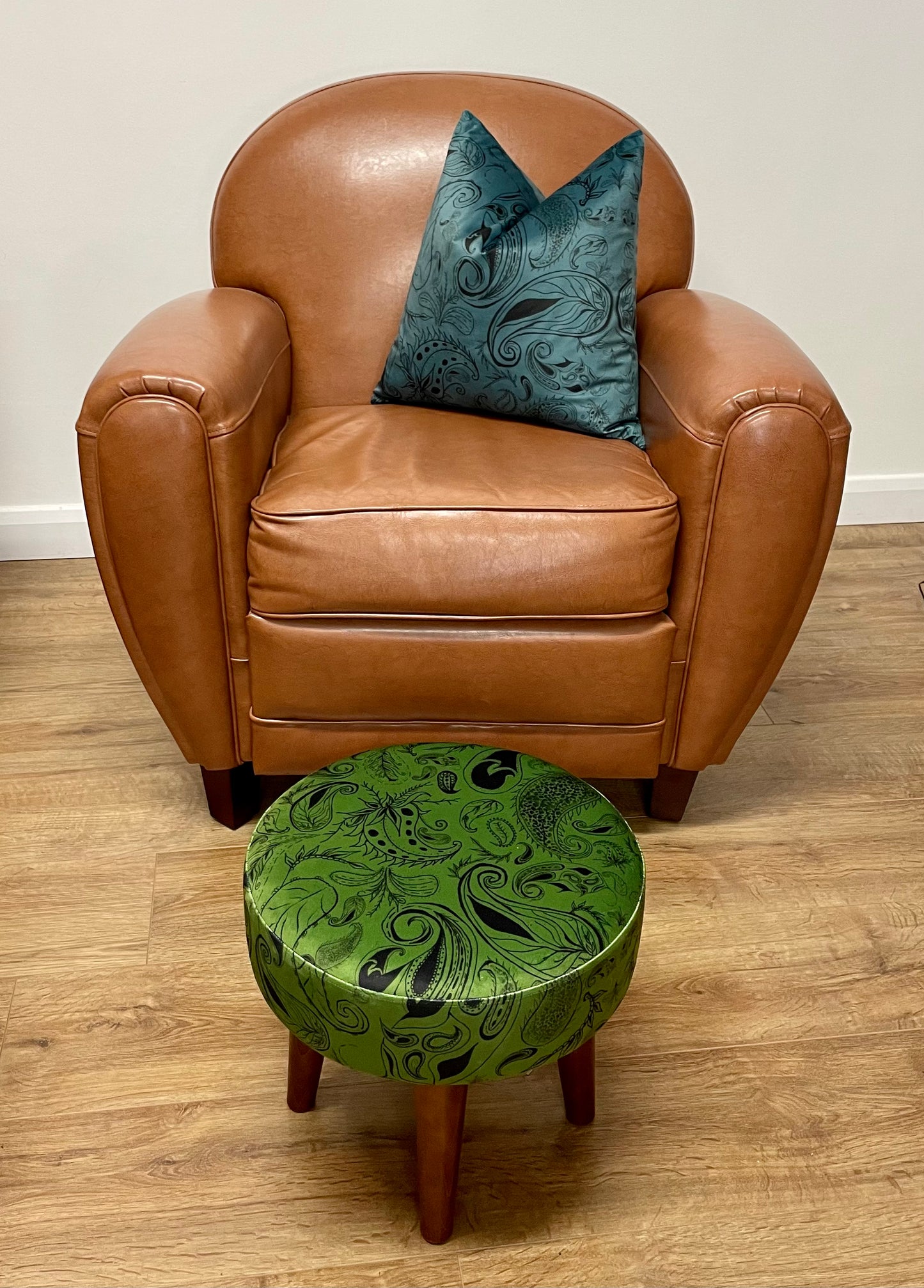 Moss Green Paisley Print Velvet Small Footstool with Dark Wooden Legs