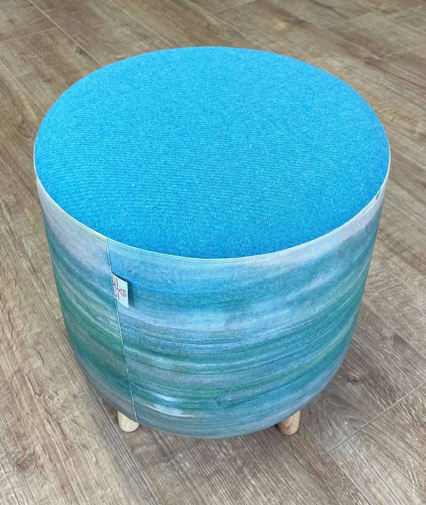 Emerald Sea Linen Footstool with Turquoise Harris Tweed
