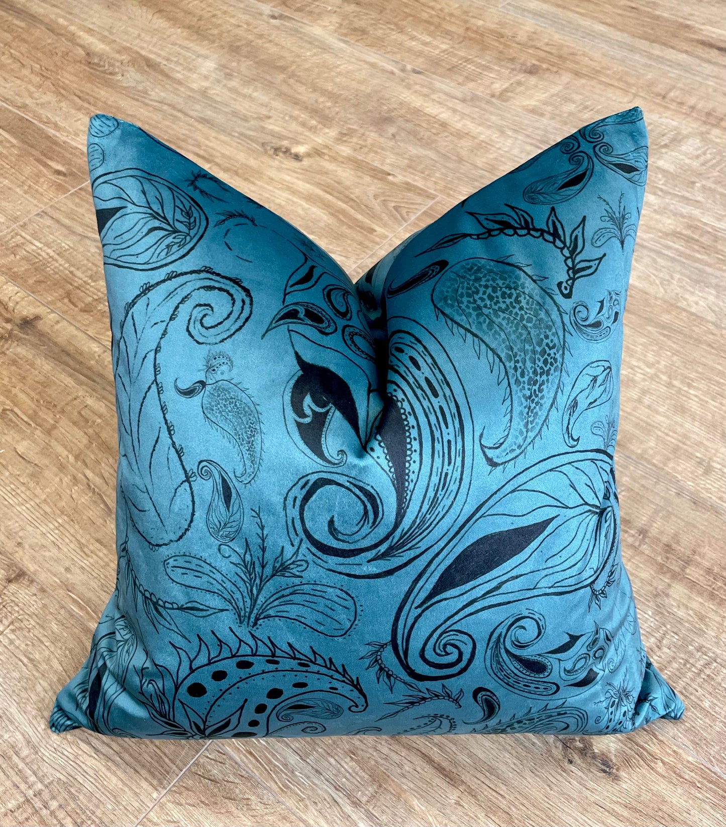 Blue Paisley Print Velvet Cushion 18”