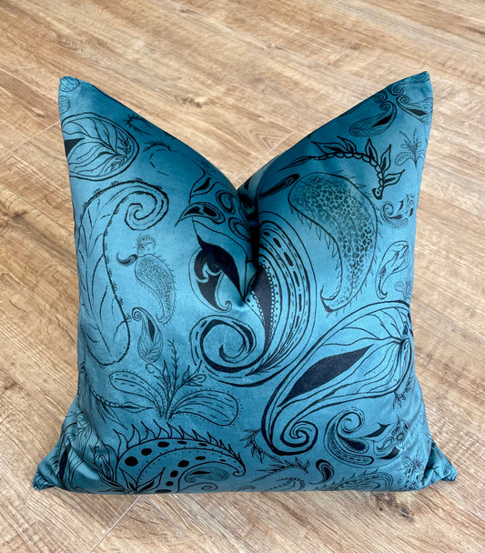 Blue Paisley Print Velvet Cushion 18”