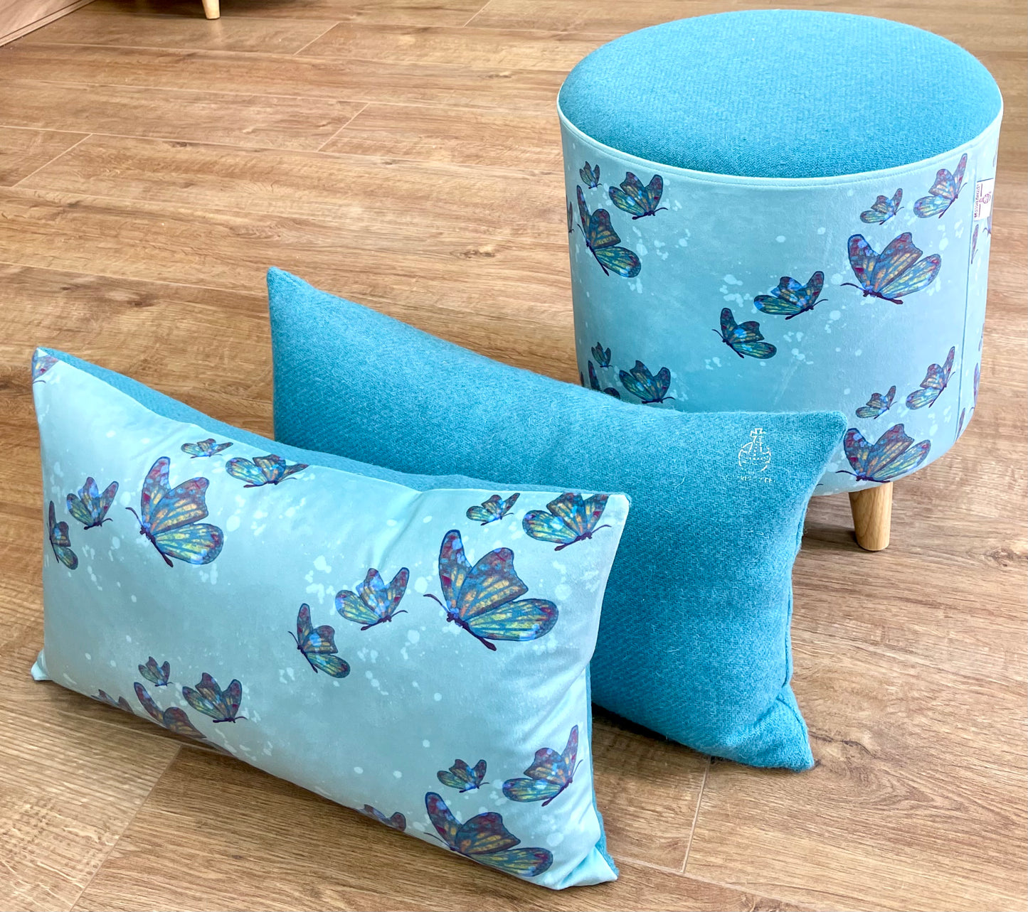 Butterflies in Rain Velvet and Turquoise Harris Tweed Oblong Cushion