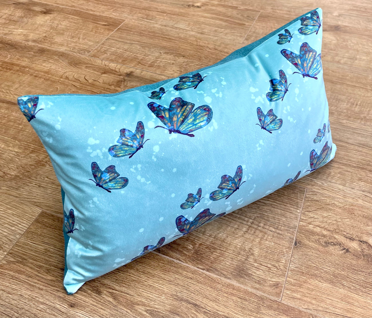 Butterflies in Rain Velvet and Turquoise Harris Tweed Oblong Cushion