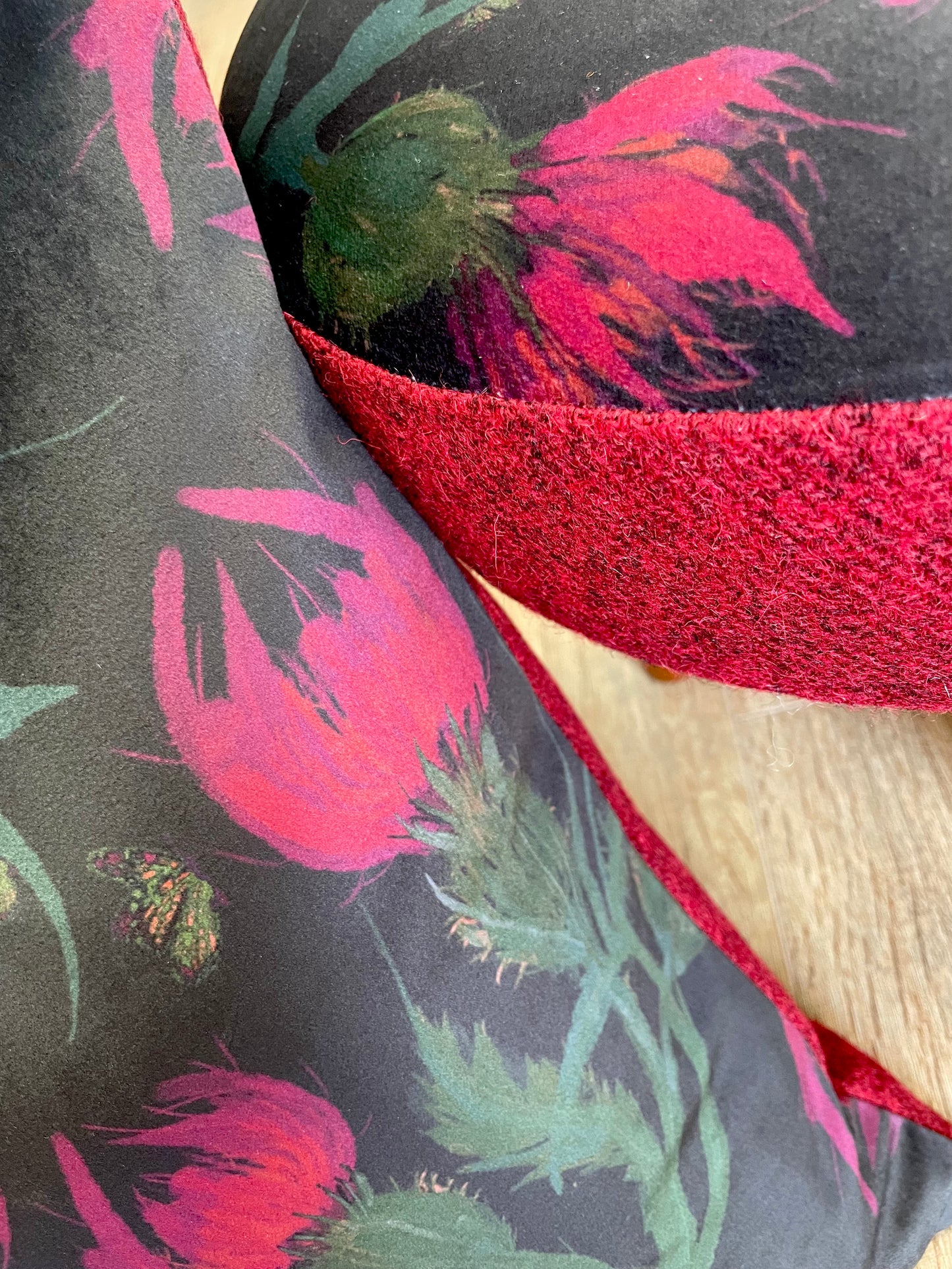 Butterfly Thistles on Black Velvet and Red Harris Tweed Small Footstool
