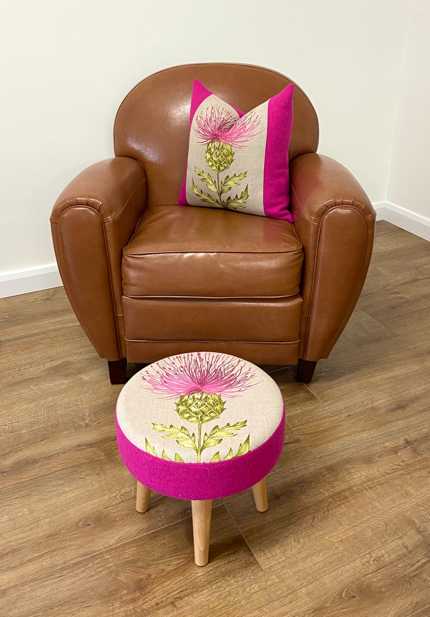 Vibrant Pink Embroidered Thistle and Harris Tweed Cushion 18”