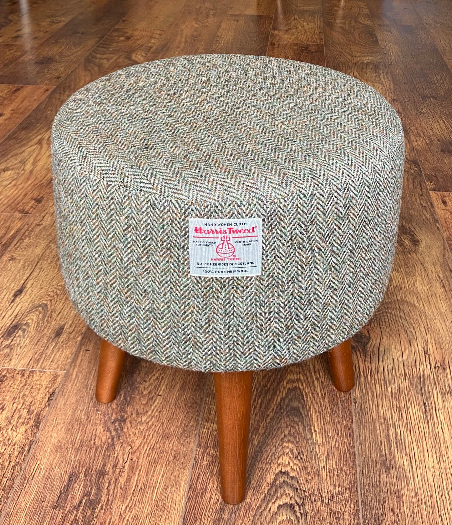 Brown Green Harris Tweed Herringbone Footstool with Dark Varnished Wooden Legs