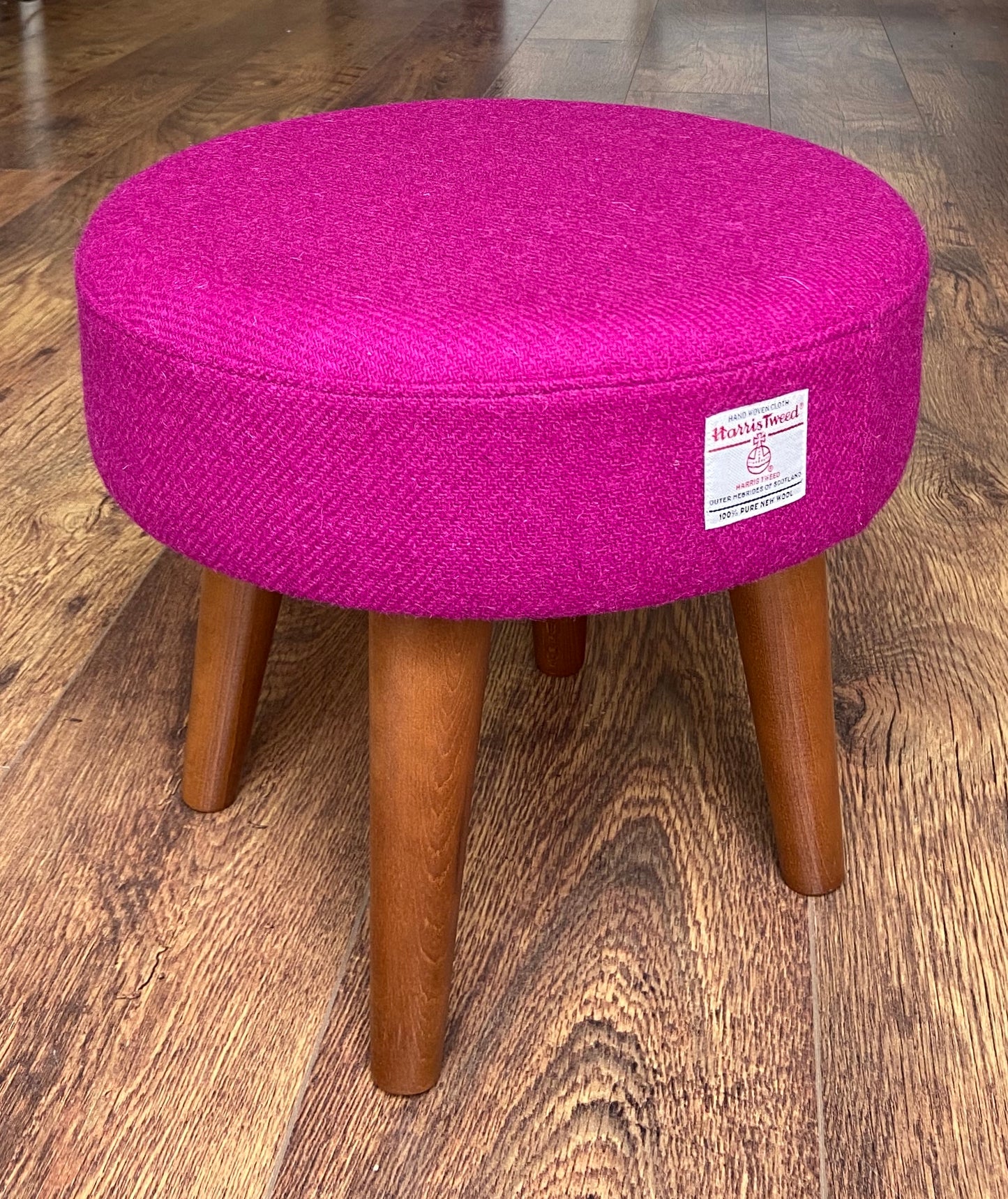 Fuchsia Harris Tweed Footstool with Dark Varnished Wooden Legs