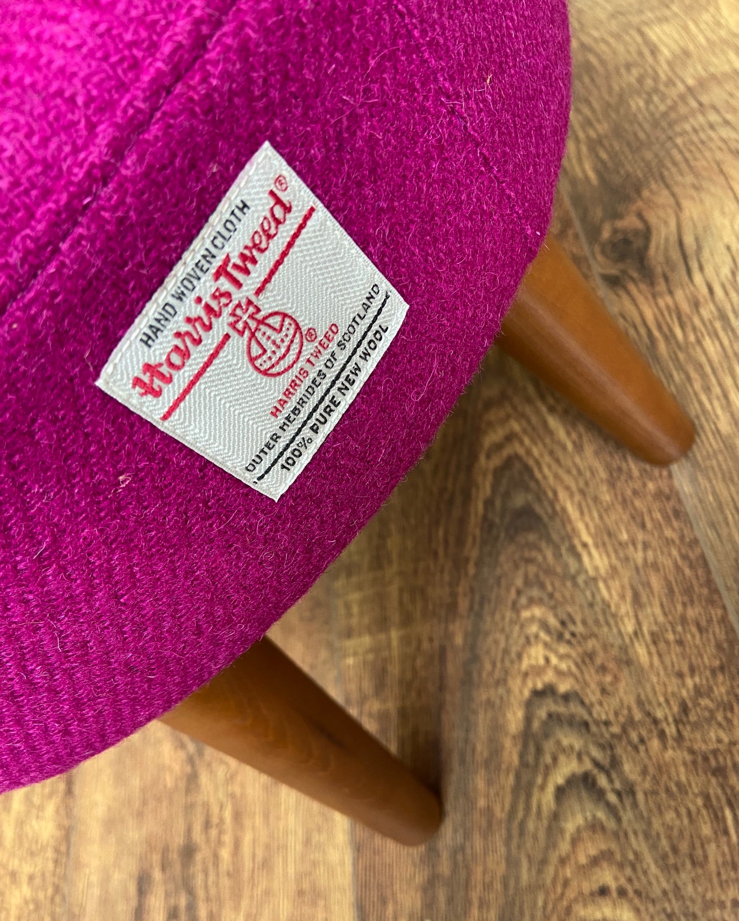 Fuchsia Harris Tweed Footstool with Dark Varnished Wooden Legs