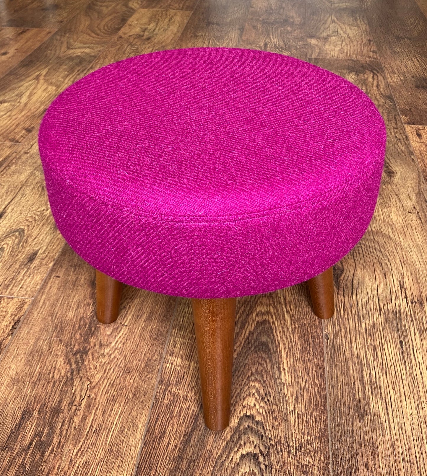 Fuchsia Harris Tweed Footstool with Dark Varnished Wooden Legs