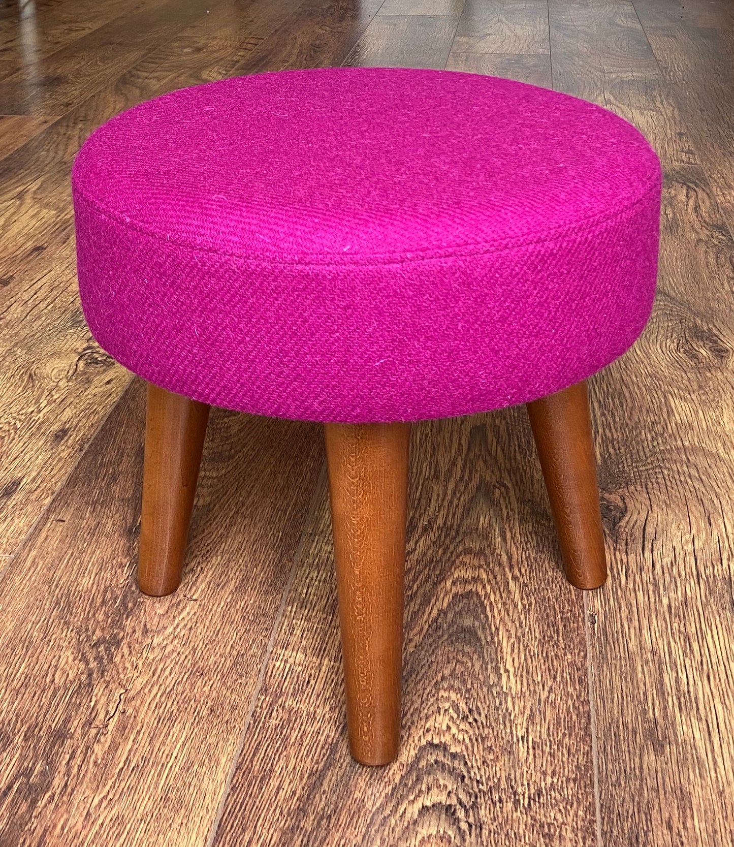Fuchsia Harris Tweed Footstool with Dark Varnished Wooden Legs