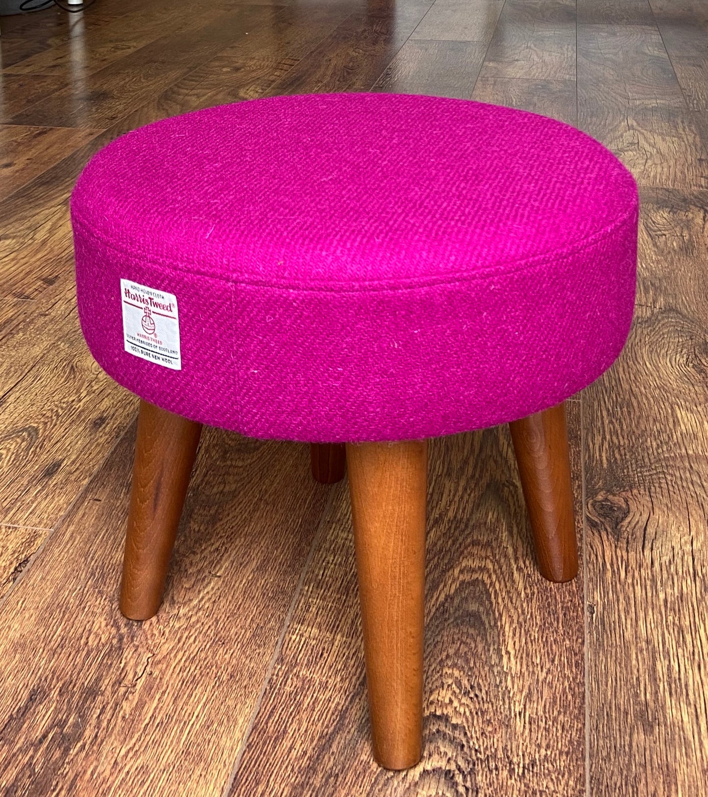 Fuchsia Harris Tweed Footstool with Dark Varnished Wooden Legs