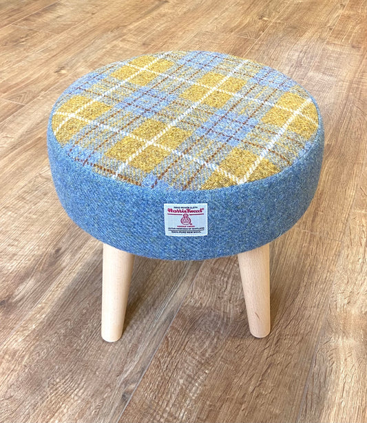 Sky Blue and Mustard Tartan Harris Tweed Footstool with Varnished Light Wooden Legs