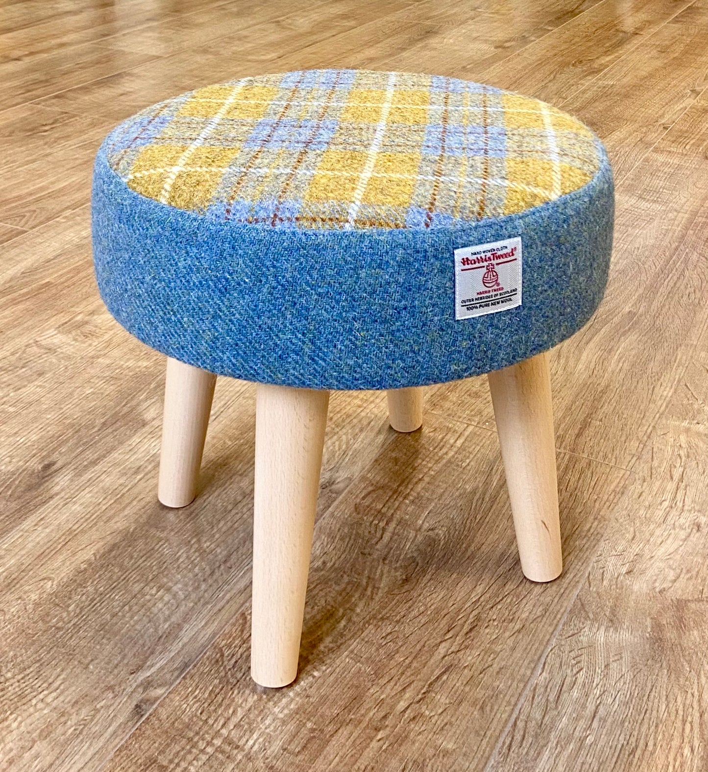 Sky Blue and Mustard Tartan Harris Tweed Footstool with Varnished Light Wooden Legs