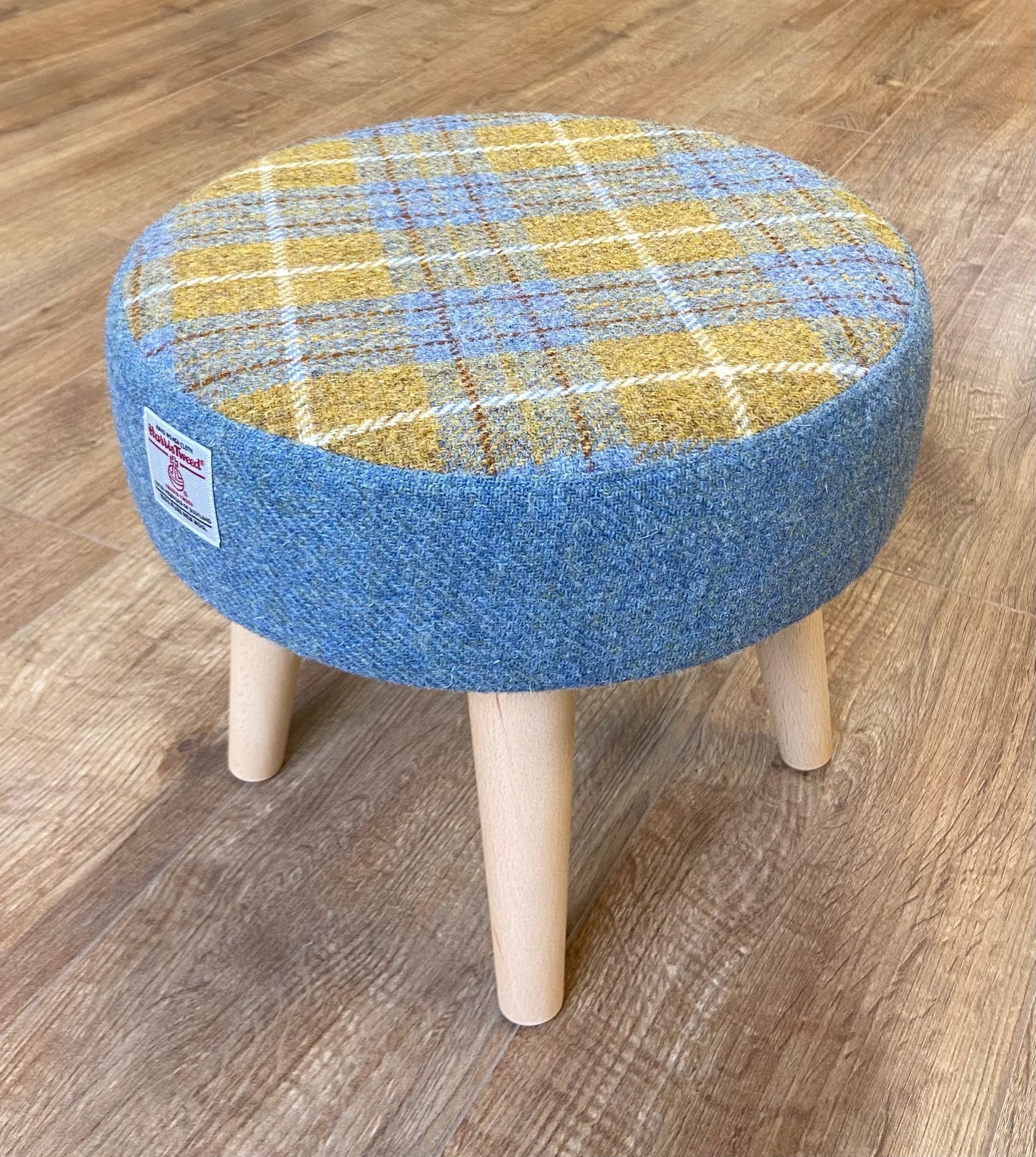 Sky Blue and Mustard Tartan Harris Tweed Footstool with Varnished Light Wooden Legs