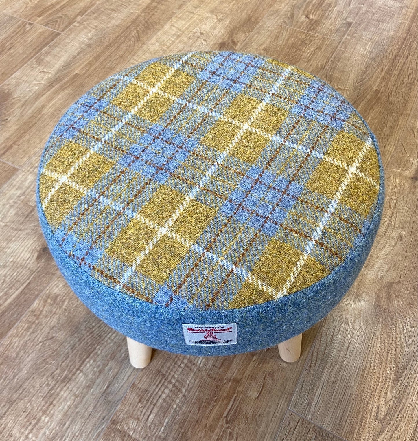 Sky Blue and Mustard Tartan Harris Tweed Footstool with Varnished Light Wooden Legs