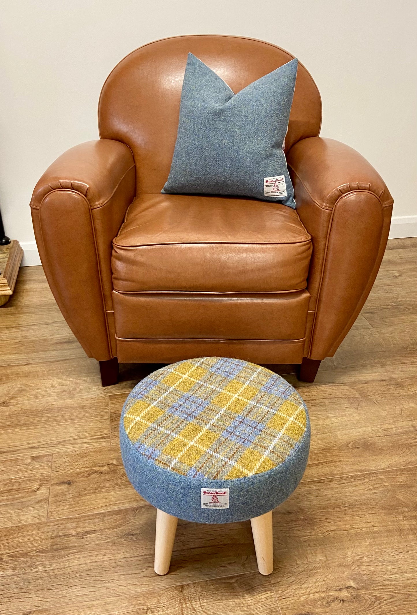 Sky Blue and Mustard Tartan Harris Tweed Footstool with Varnished Light Wooden Legs