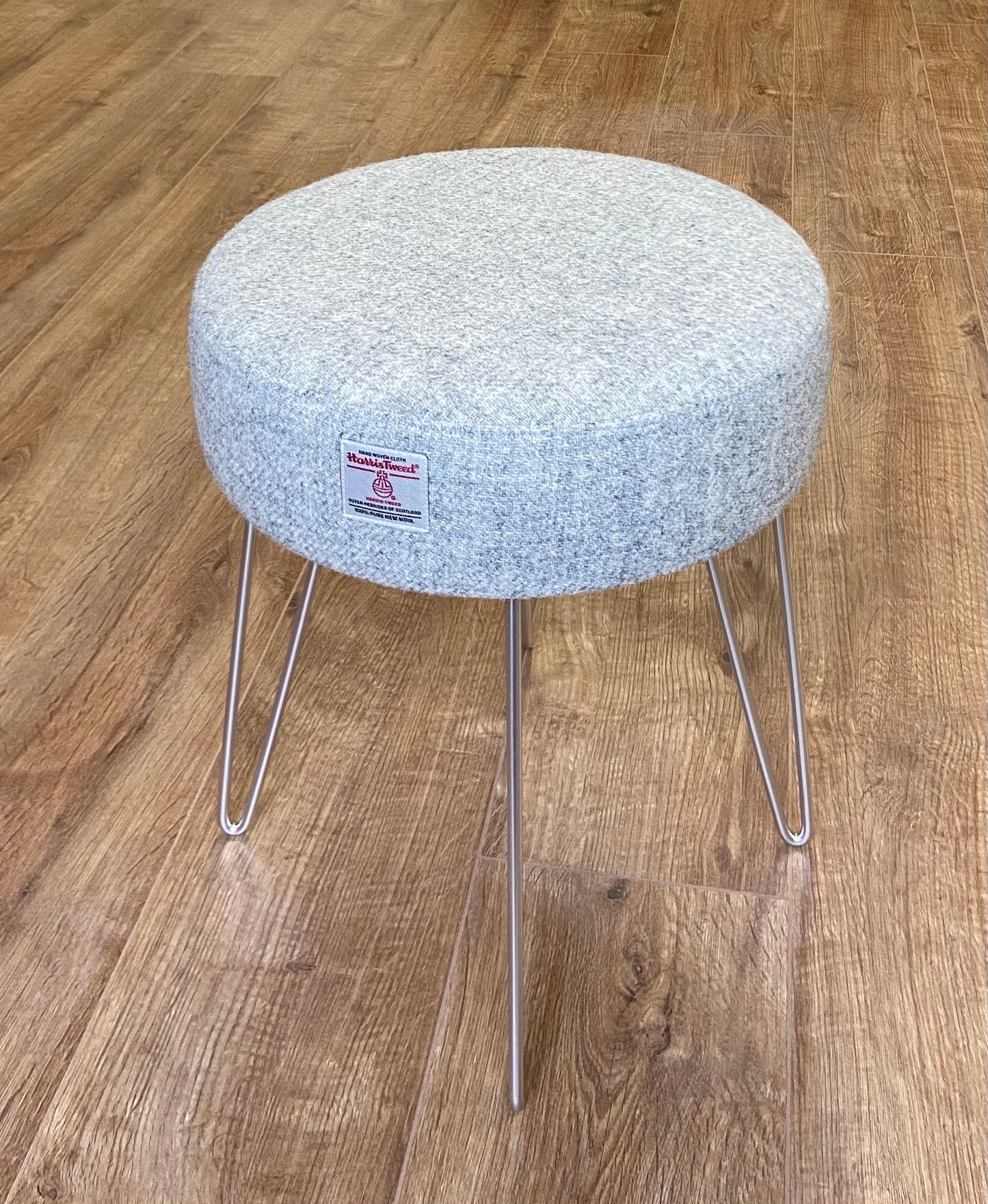 Light Grey Harris Tweed Stool with Silver Hairpin Legs