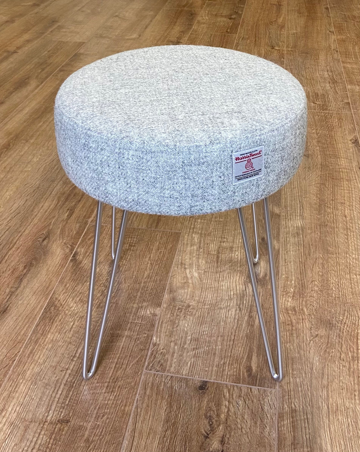 Light Grey Harris Tweed Stool with Silver Hairpin Legs