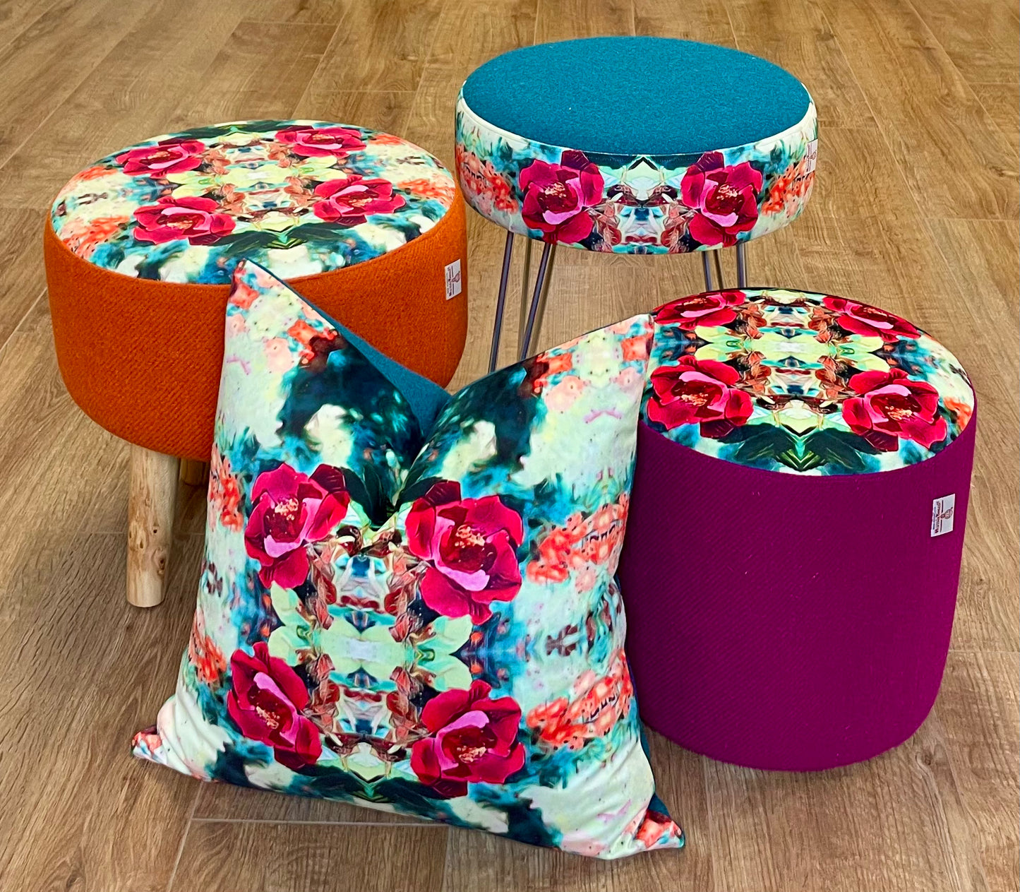 Red Rose Velvet and Harris Tweed Cushion 18”
