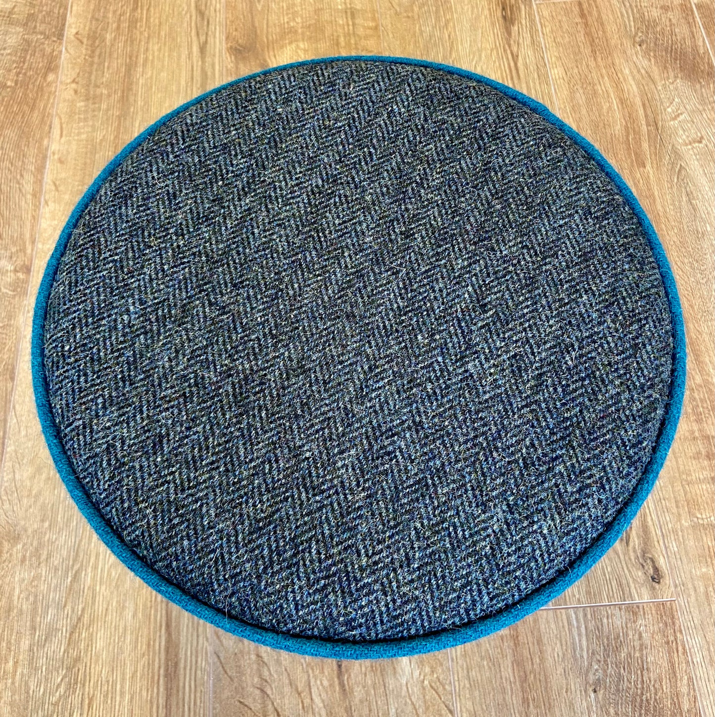 Charcoal Harris Tweed Footstool with Teal Piping and Varnished Wooden Legs