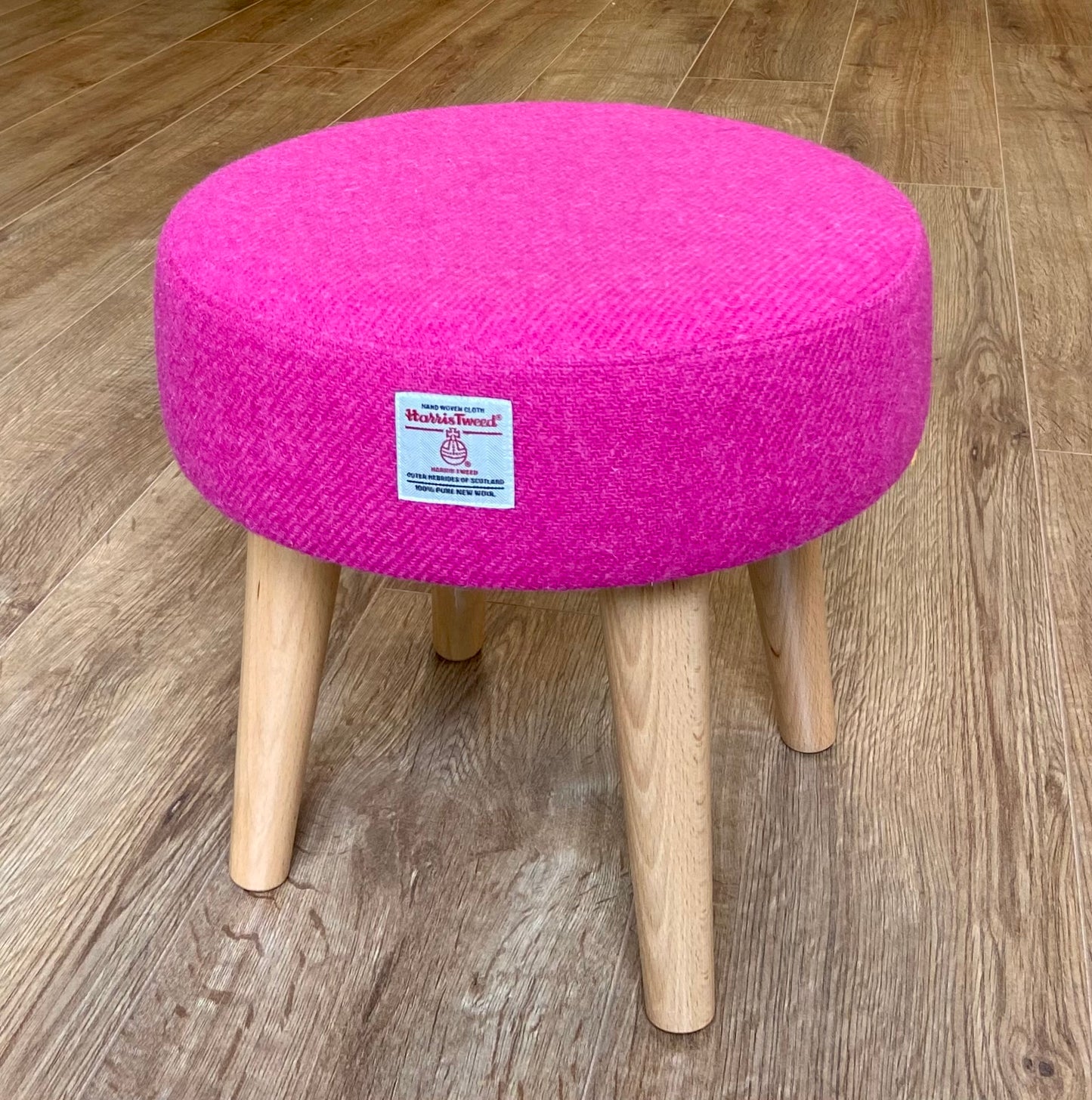 Bright Pink Harris Tweed Footstool with Varnished Wooden Legs