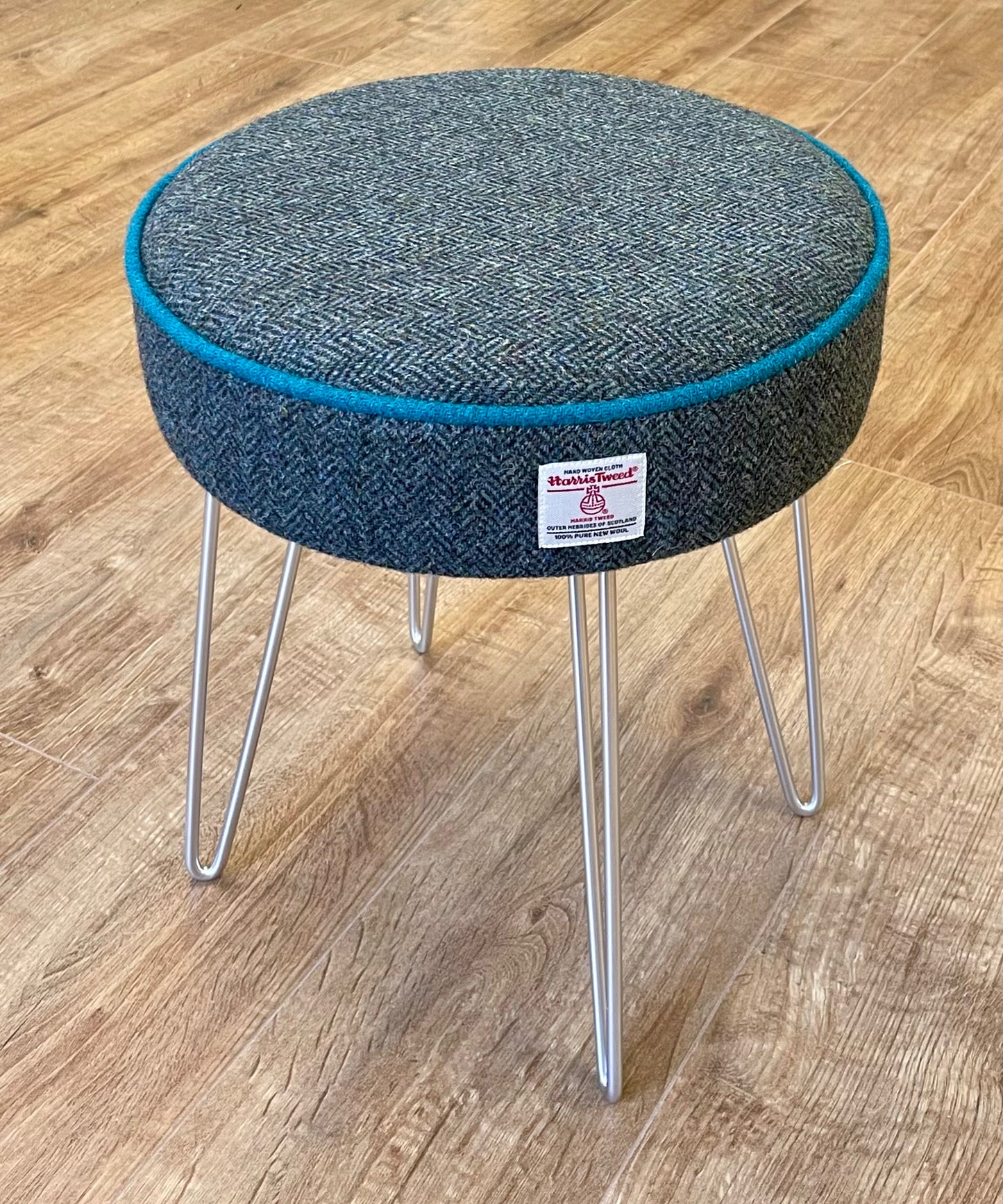 Charcoal Harris Tweed Stool with Teal Piping and Silver Hairpin Legs