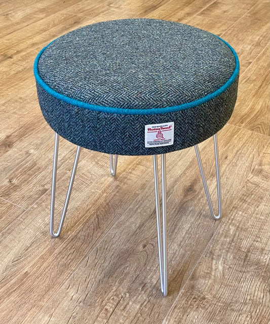 Charcoal Harris Tweed Stool with Teal Piping and Silver Hairpin Legs