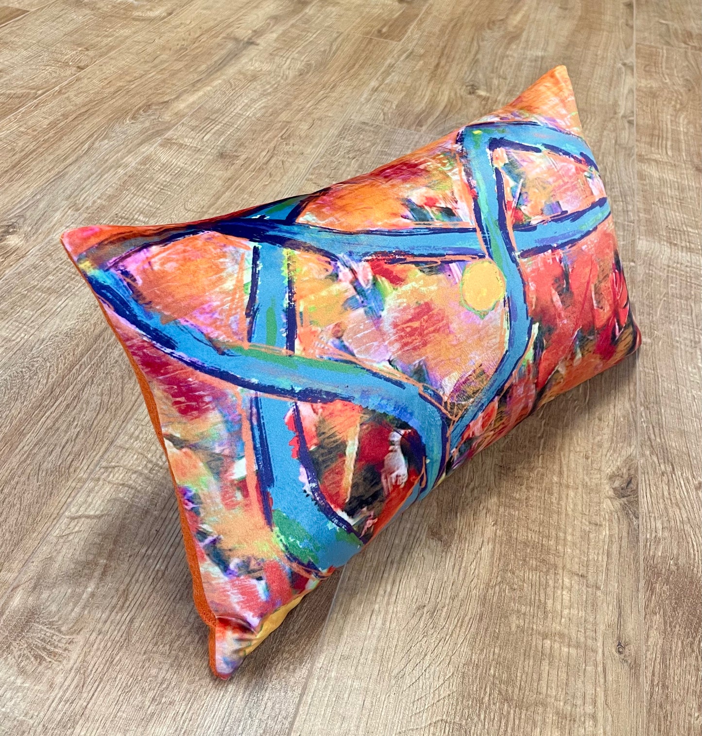 Blue River Velvet and Orange Harris Tweed Oblong Cushion