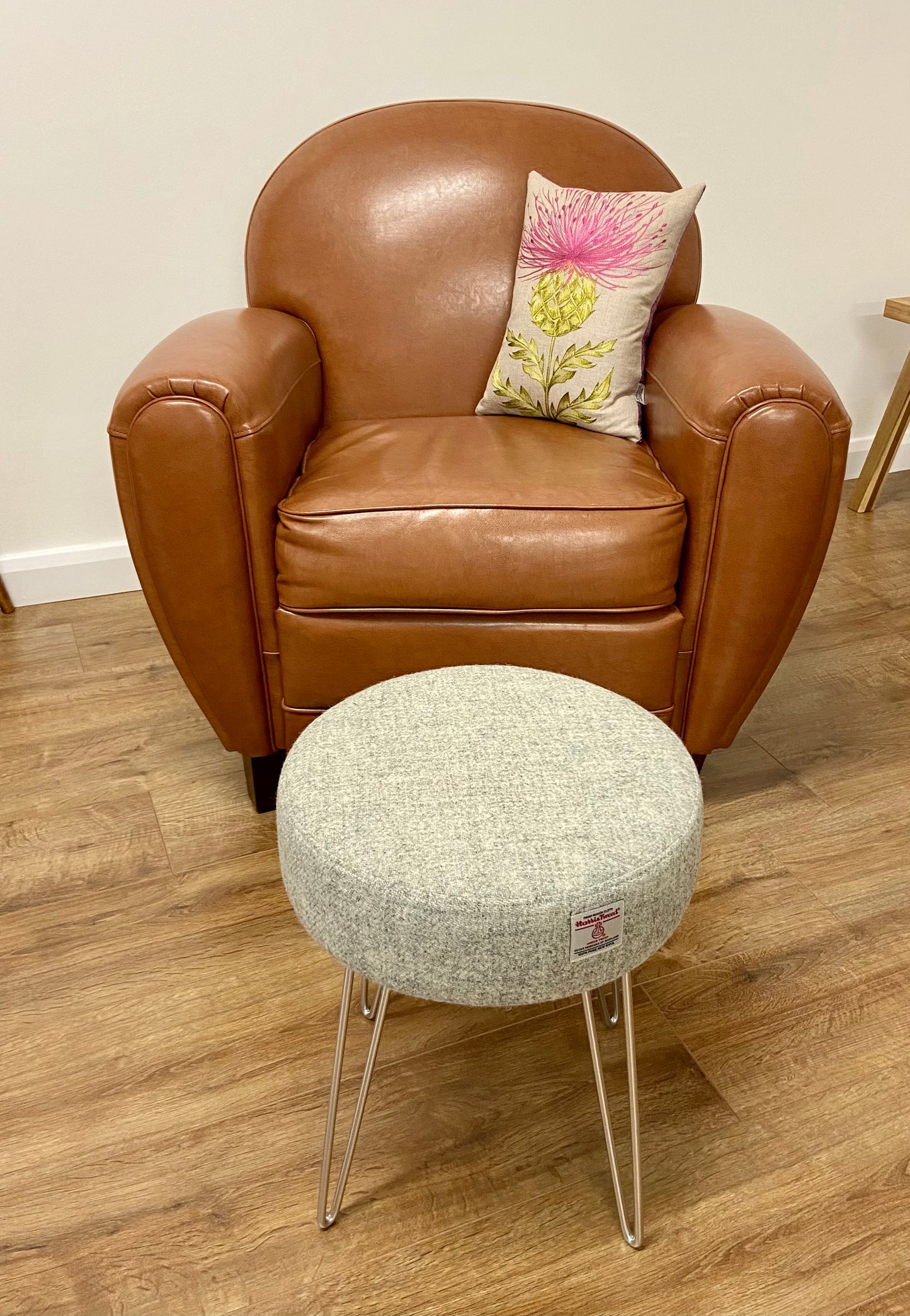 Light Grey Harris Tweed Stool with Silver Hairpin Legs