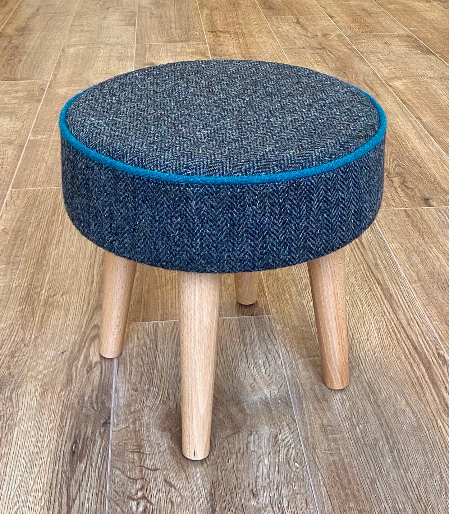 Charcoal Harris Tweed Footstool with Teal Piping and Varnished Wooden Legs