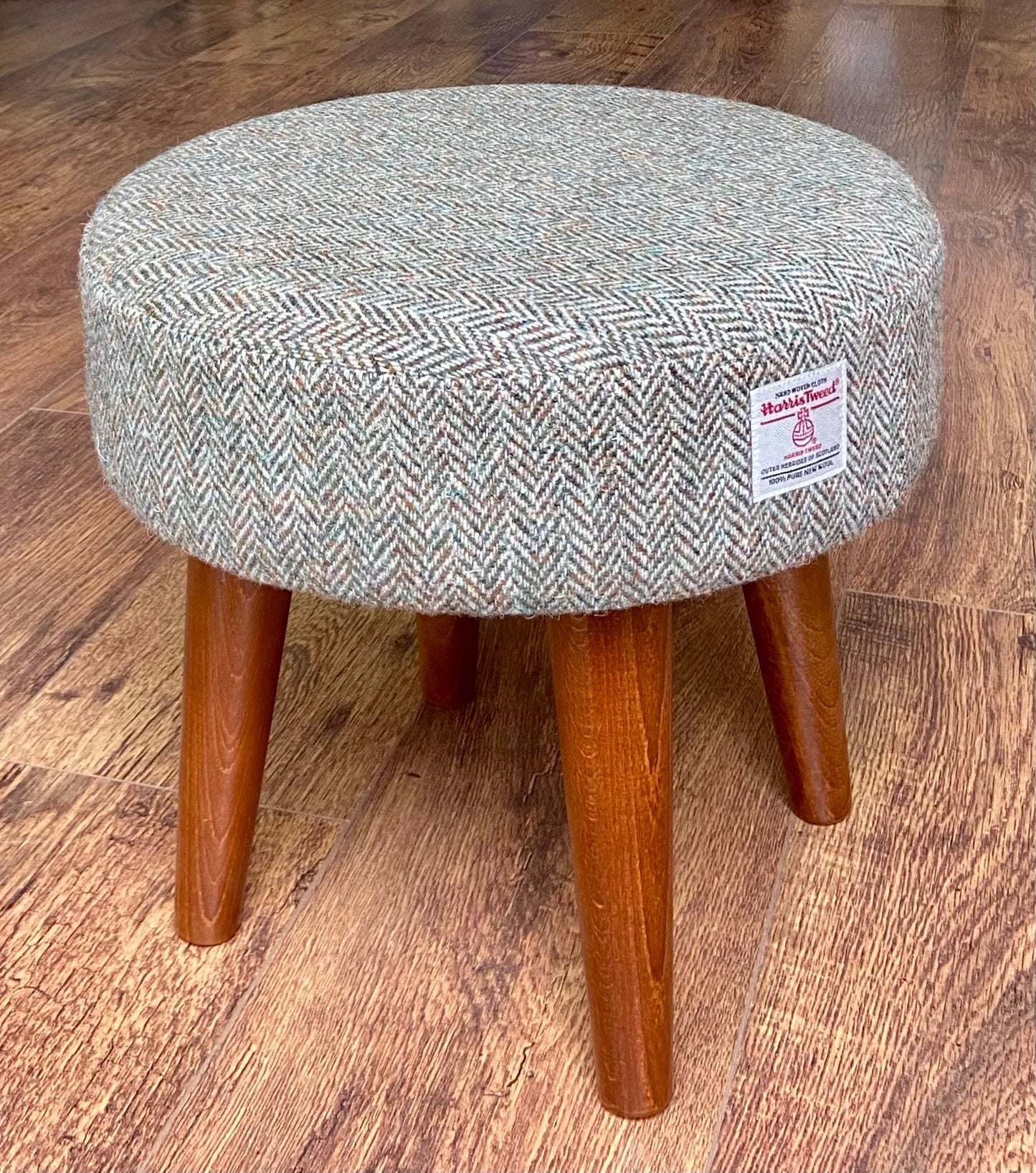 Light Brown Green Harris Tweed Footstool with Dark Varnished Wooden Legs