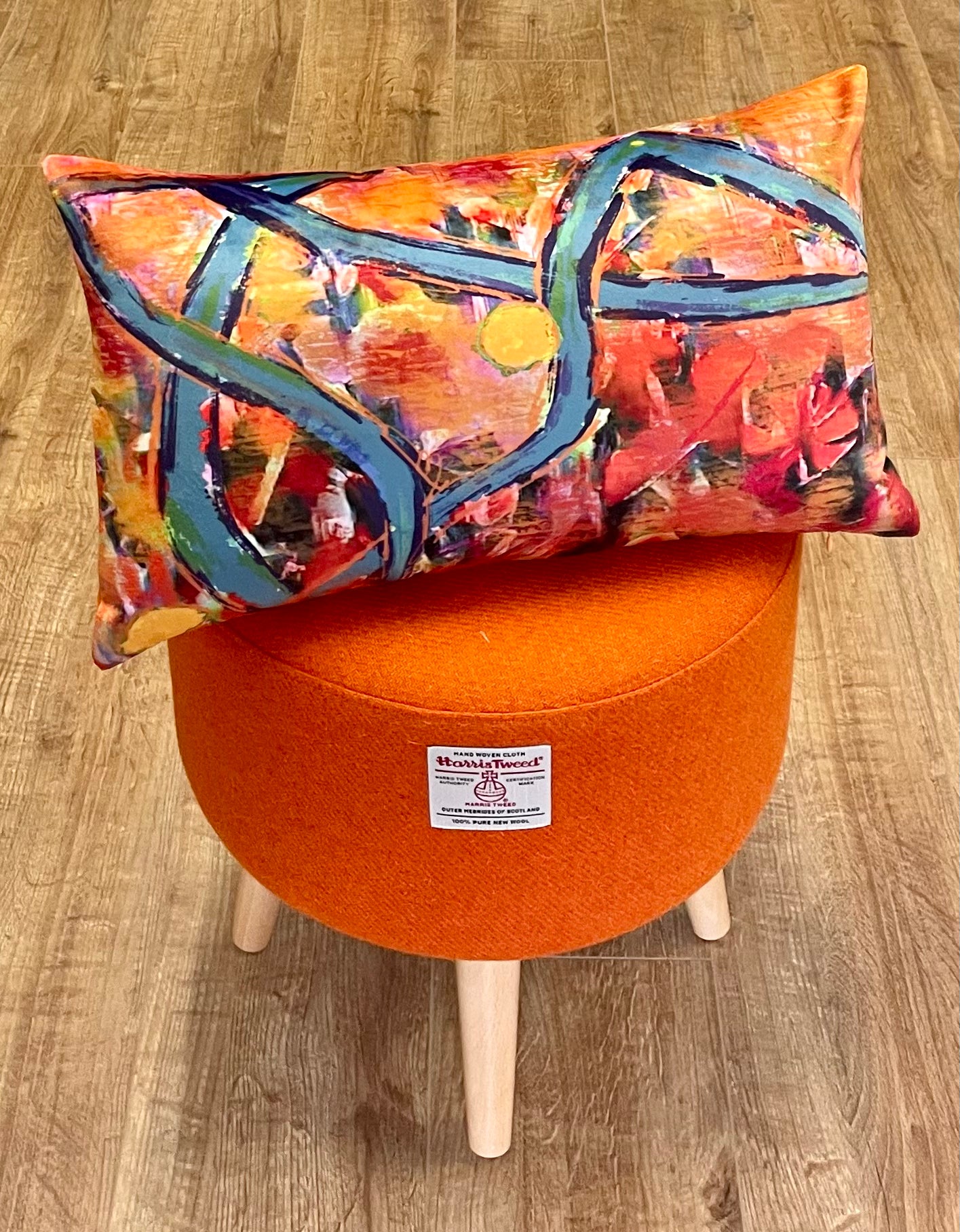 Blue River Velvet and Orange Harris Tweed Oblong Cushion