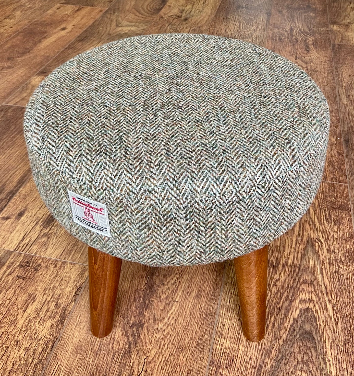 Light Brown Green Harris Tweed Footstool with Dark Varnished Wooden Legs