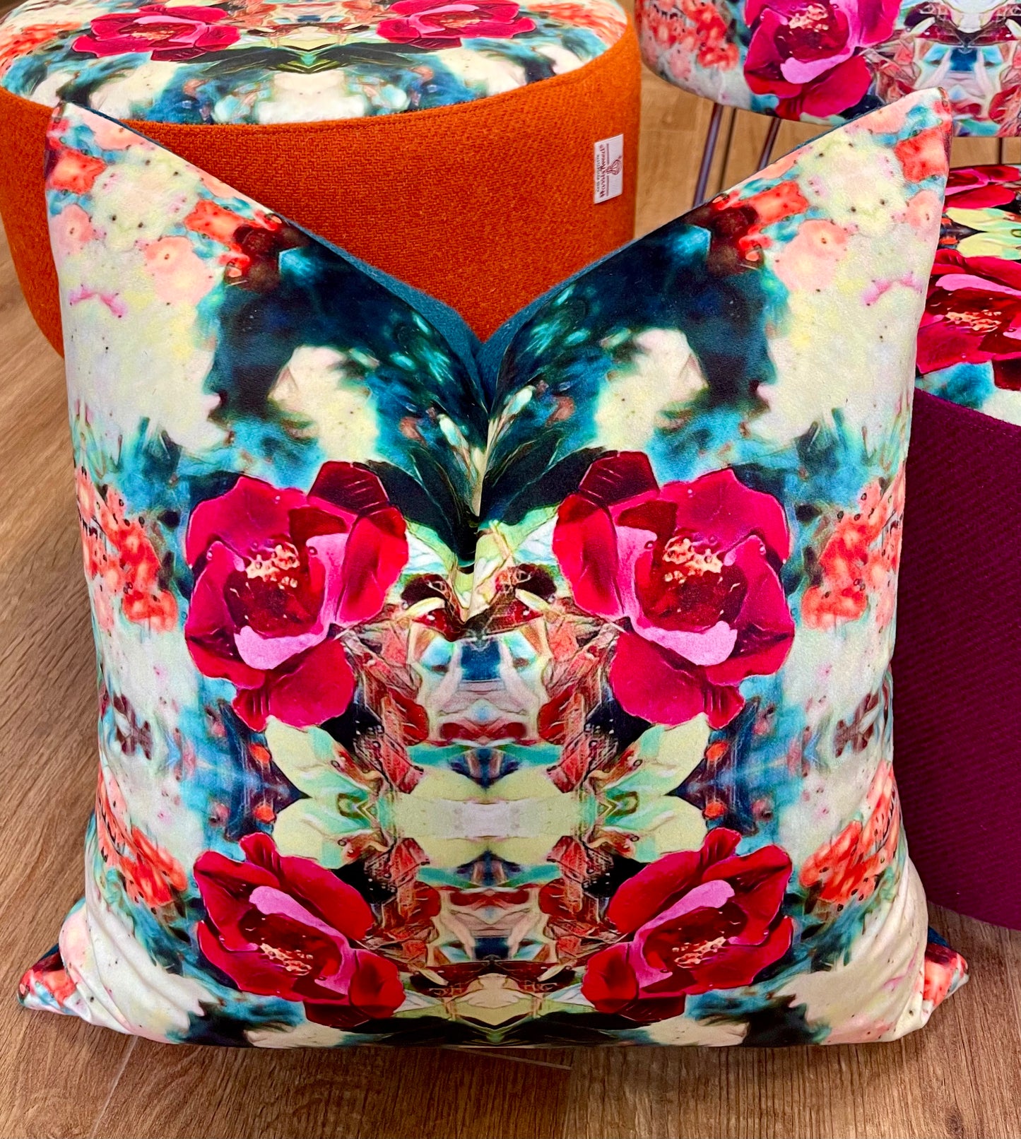 Red Rose Velvet and Harris Tweed Cushion 18”