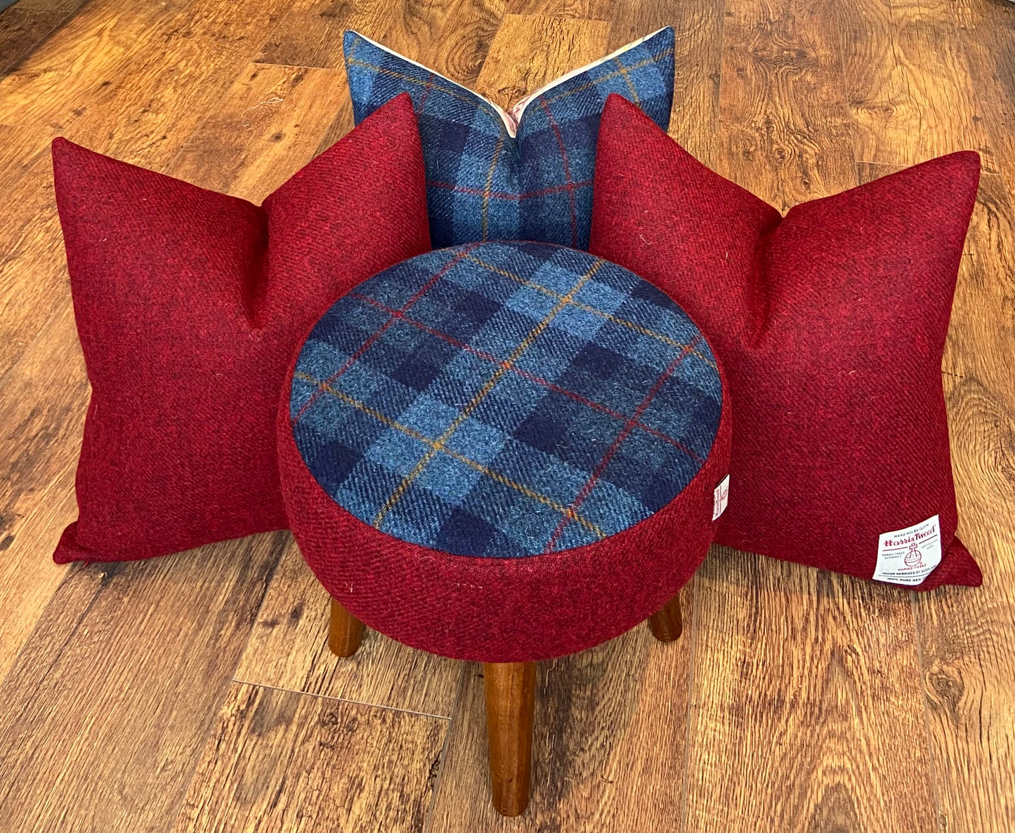 Small Tartan Harris Tweed Red and Blue Footstool
