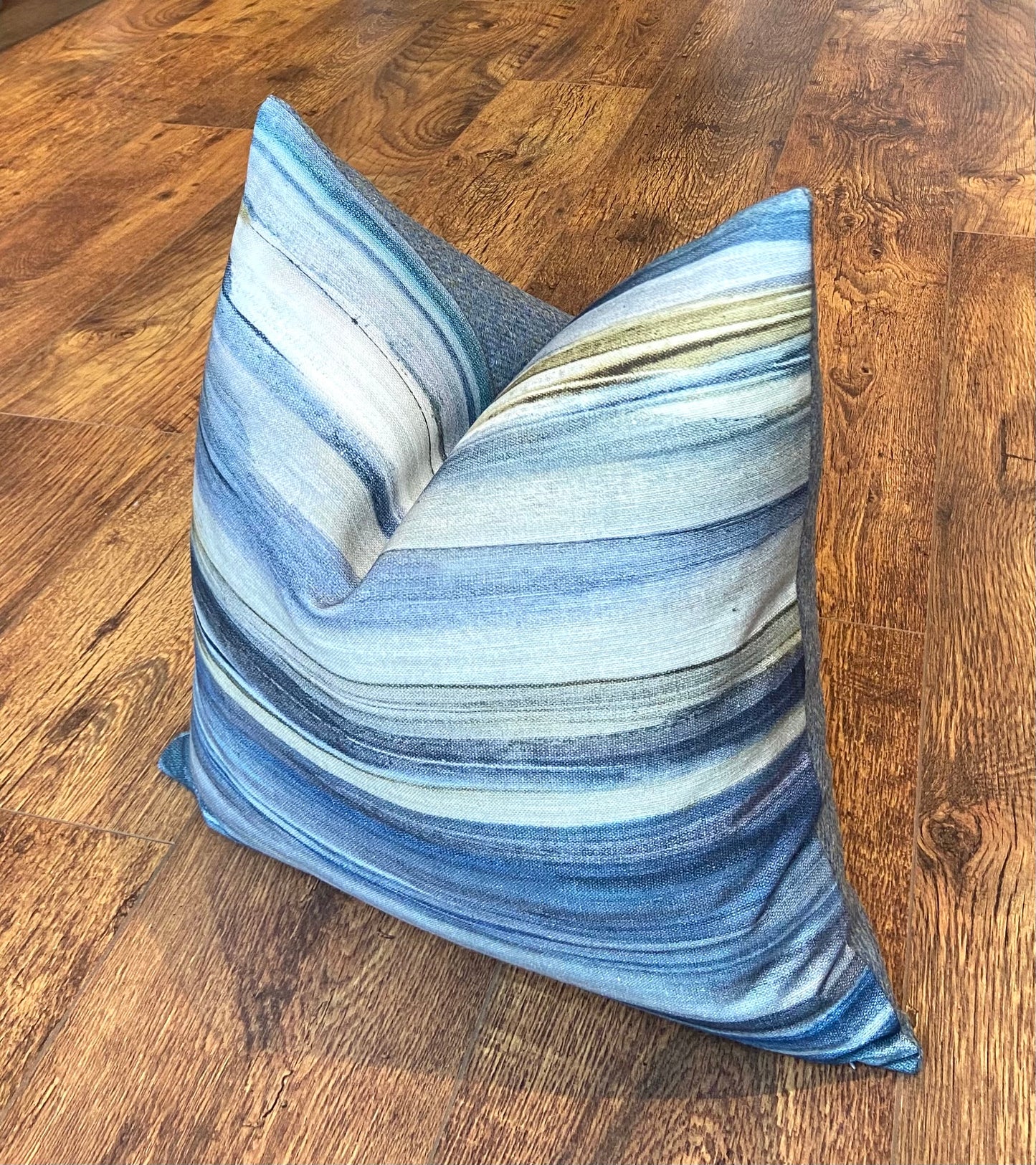 Seascape Cushion with Blue Harris Tweed and Duck Feather Insert, 18”