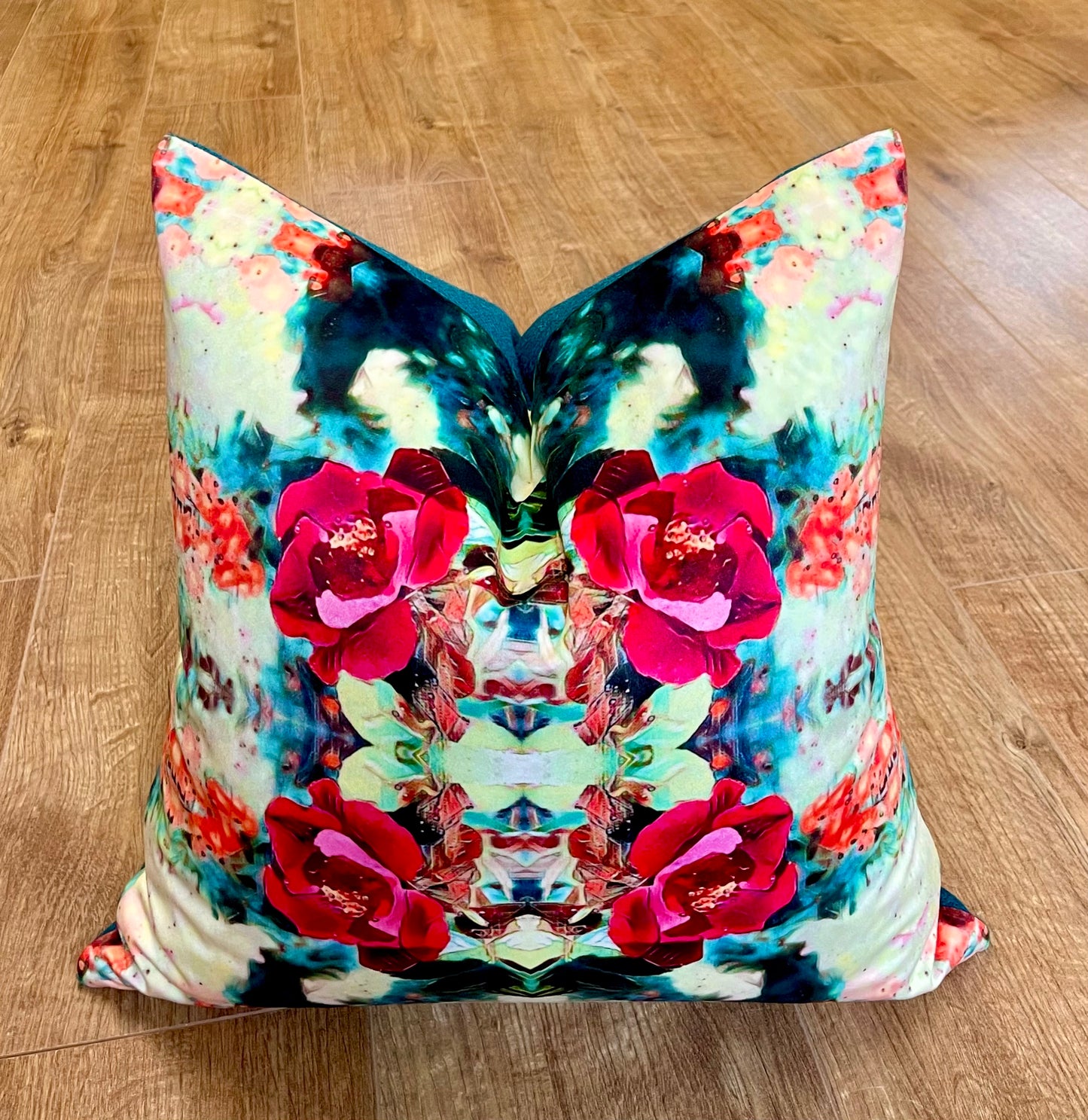 Red Rose Velvet and Harris Tweed Cushion 18”
