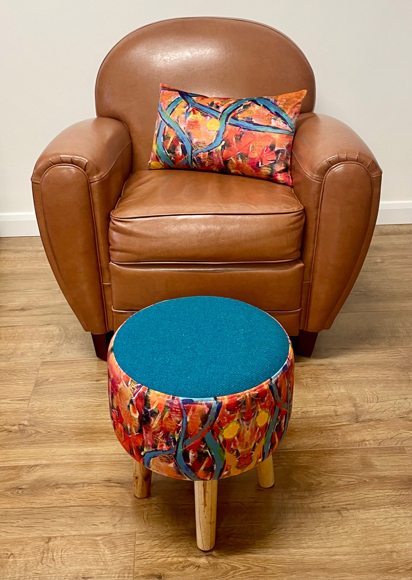 Blue River Velvet and Orange Harris Tweed Oblong Cushion