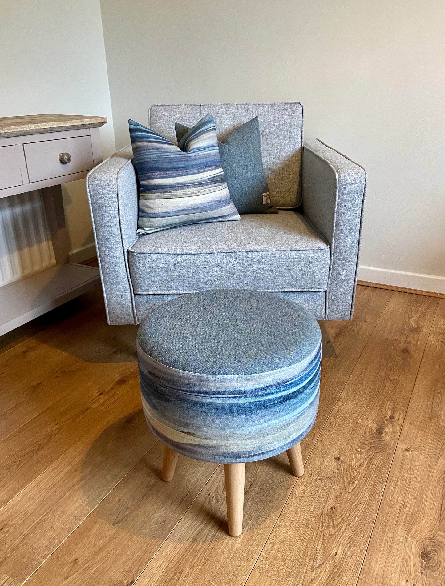 Seascape Cushion with Blue Harris Tweed and Duck Feather Insert, 18”