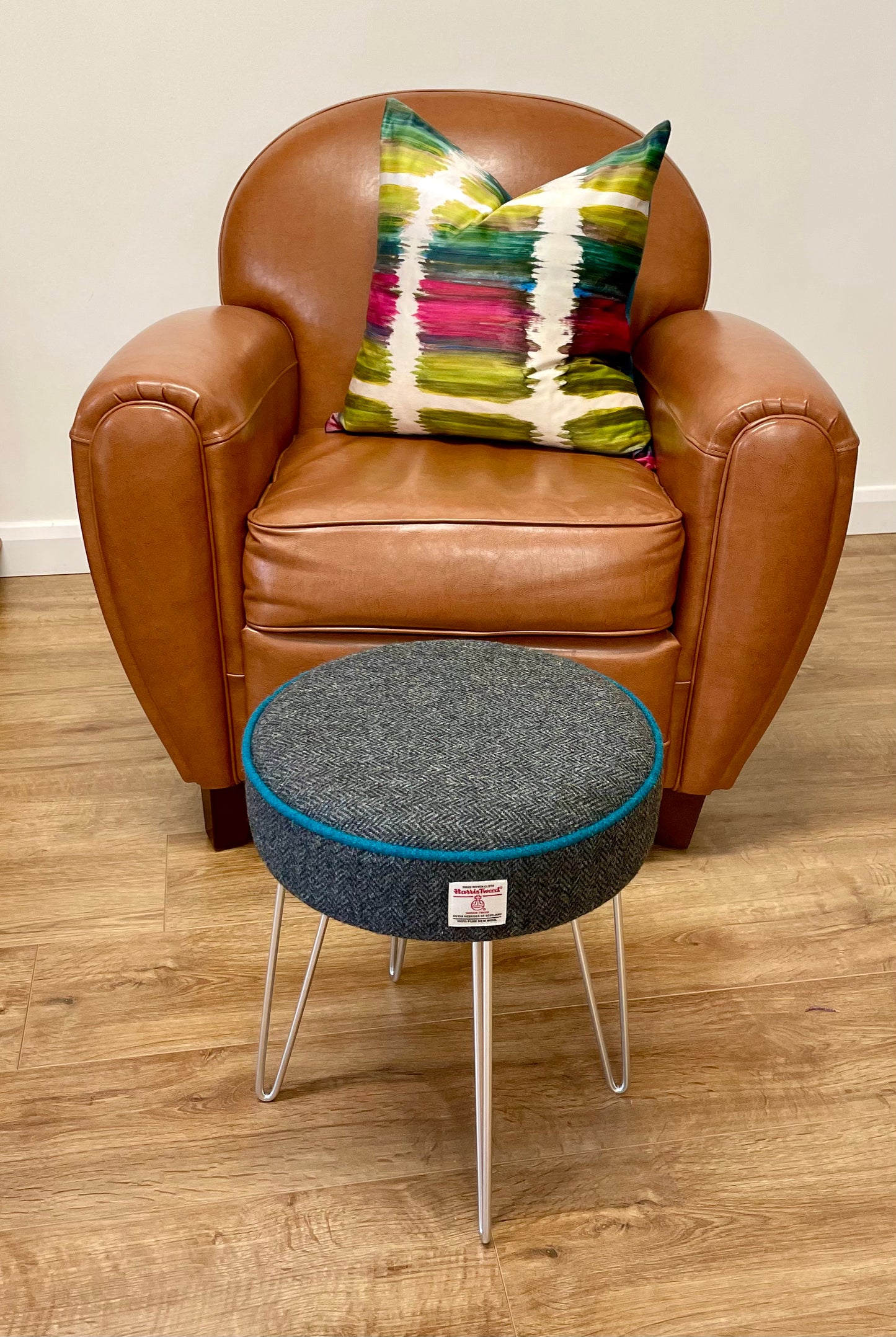 Charcoal Harris Tweed Stool with Teal Piping and Silver Hairpin Legs