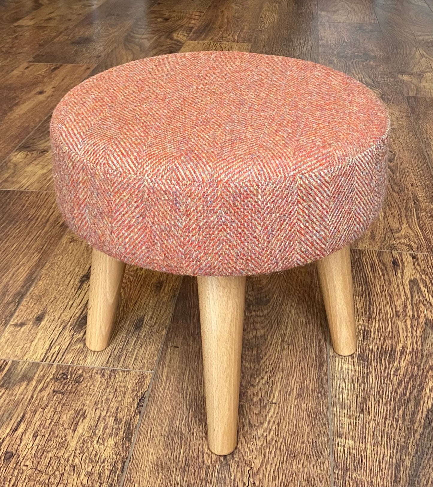 Burnt Orange Harris Tweed Footstool with Varnished Wooden Legs