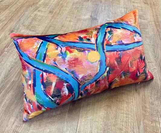 Blue River Velvet and Orange Harris Tweed Oblong Cushion
