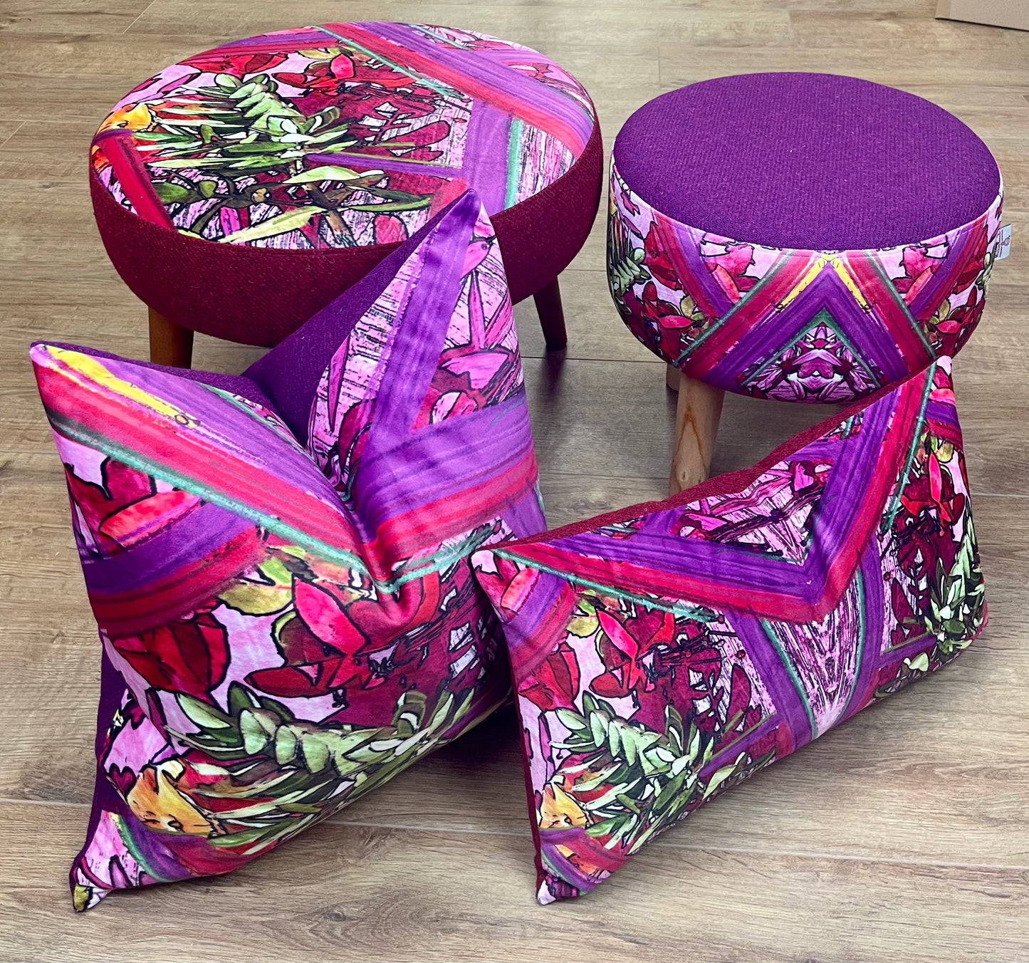 Geo Flower Velvet and Purple Harris Tweed Cushion 20”