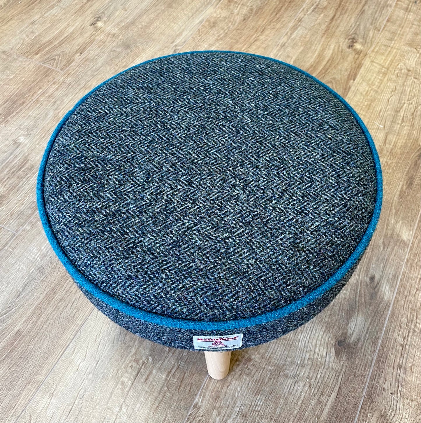 Charcoal Harris Tweed Footstool with Teal Piping and Varnished Wooden Legs