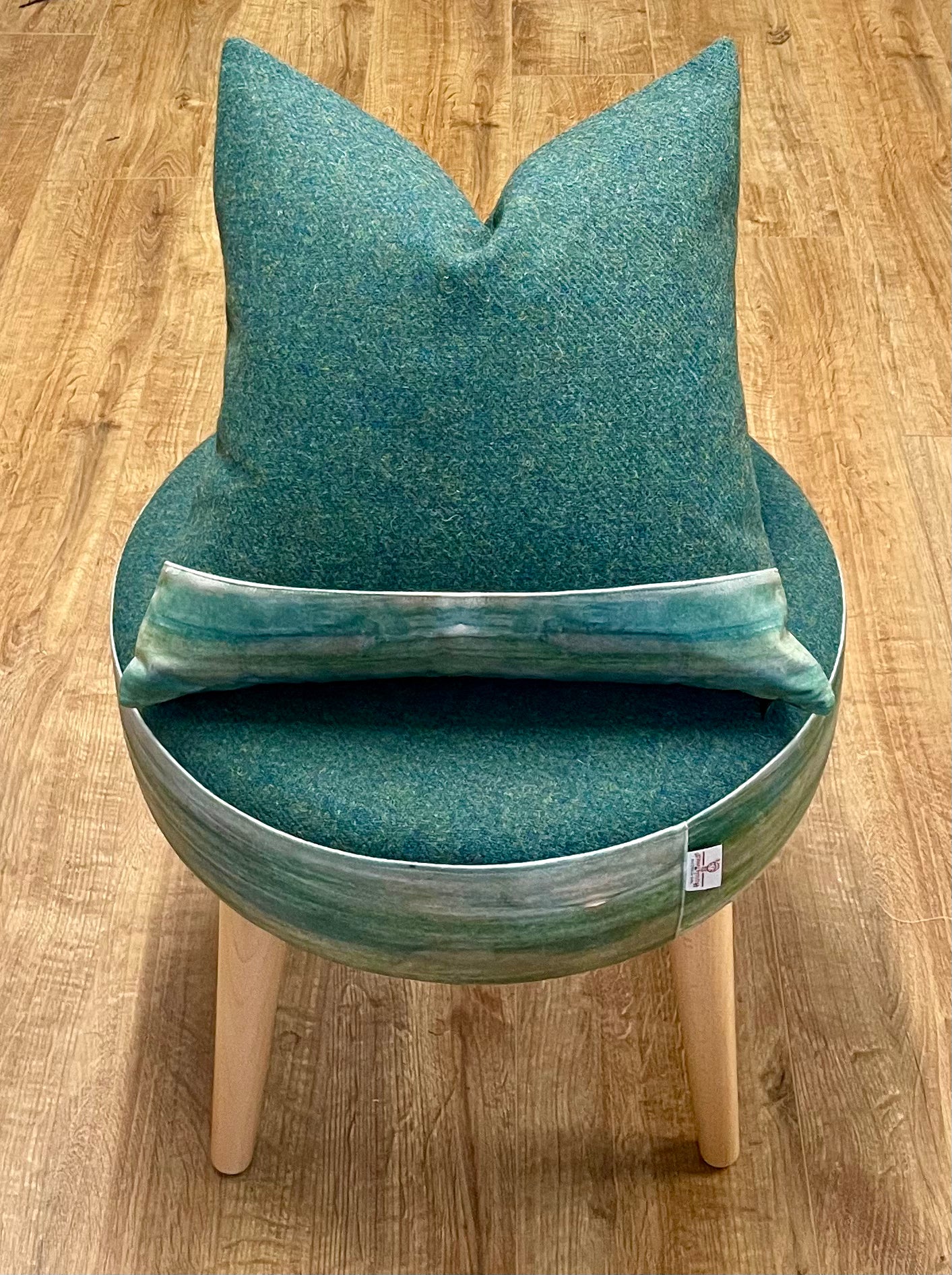 Green Harris Tweed Cushion with Emerald Sea Velvet Trim 18”