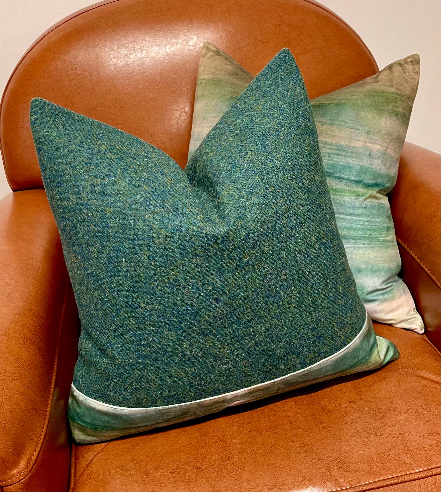 Green Harris Tweed Cushion with Emerald Sea Velvet Trim 18”