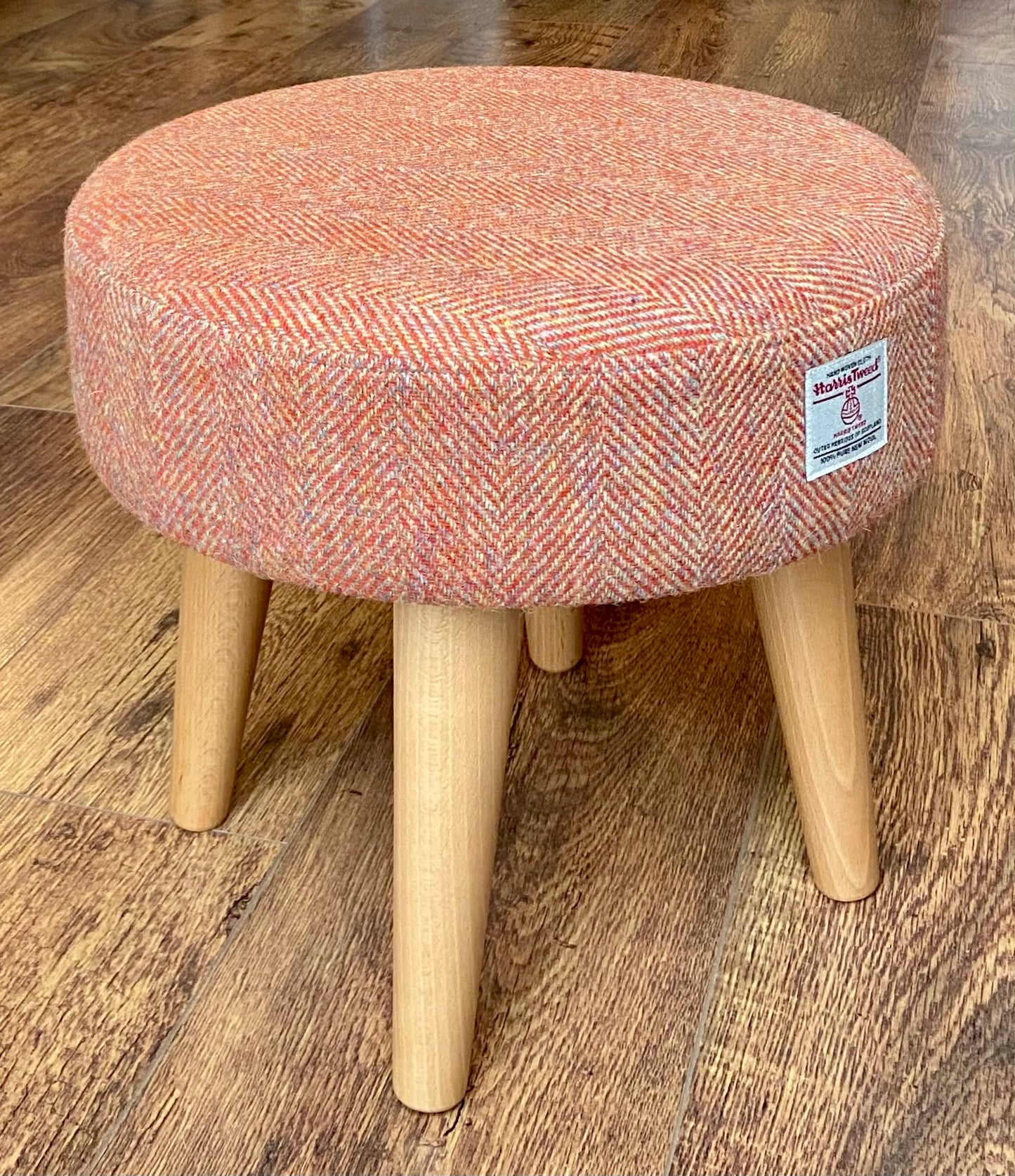 Burnt Orange Harris Tweed Footstool with Varnished Wooden Legs