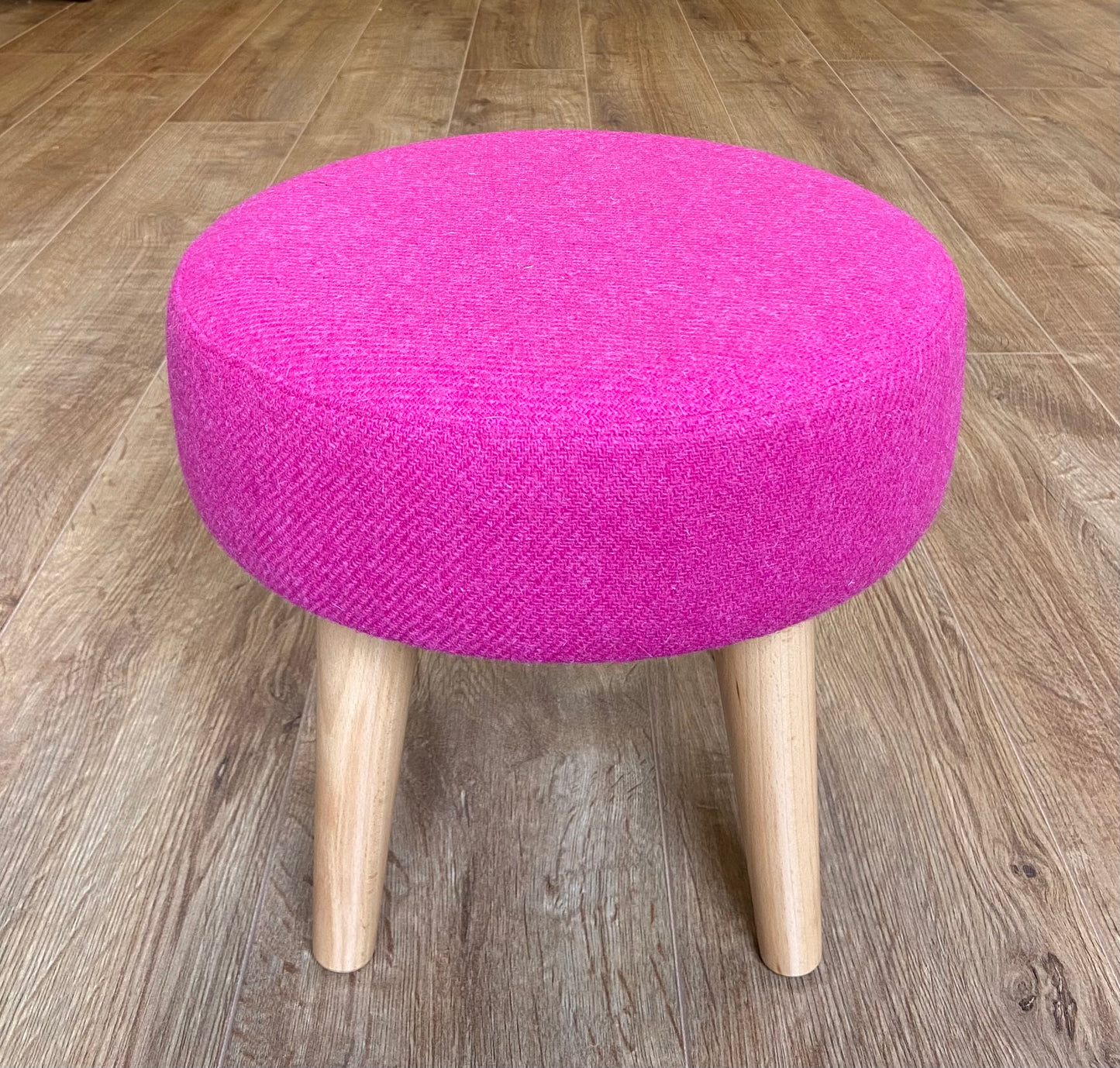Bright Pink Harris Tweed Footstool with Varnished Wooden Legs