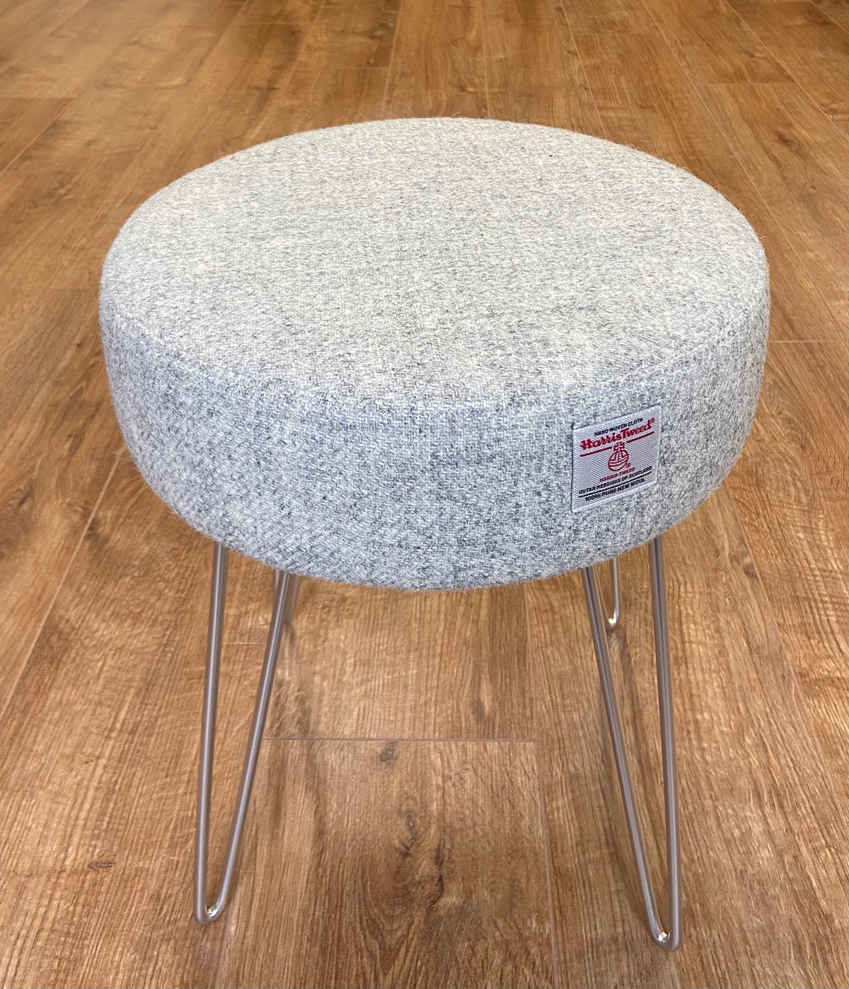 Light Grey Harris Tweed Stool with Silver Hairpin Legs