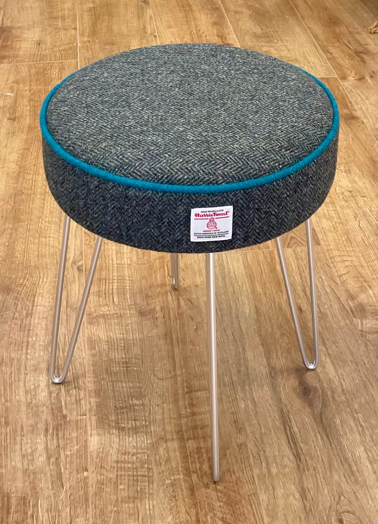 Charcoal Harris Tweed Stool with Teal Piping and Silver Hairpin Legs